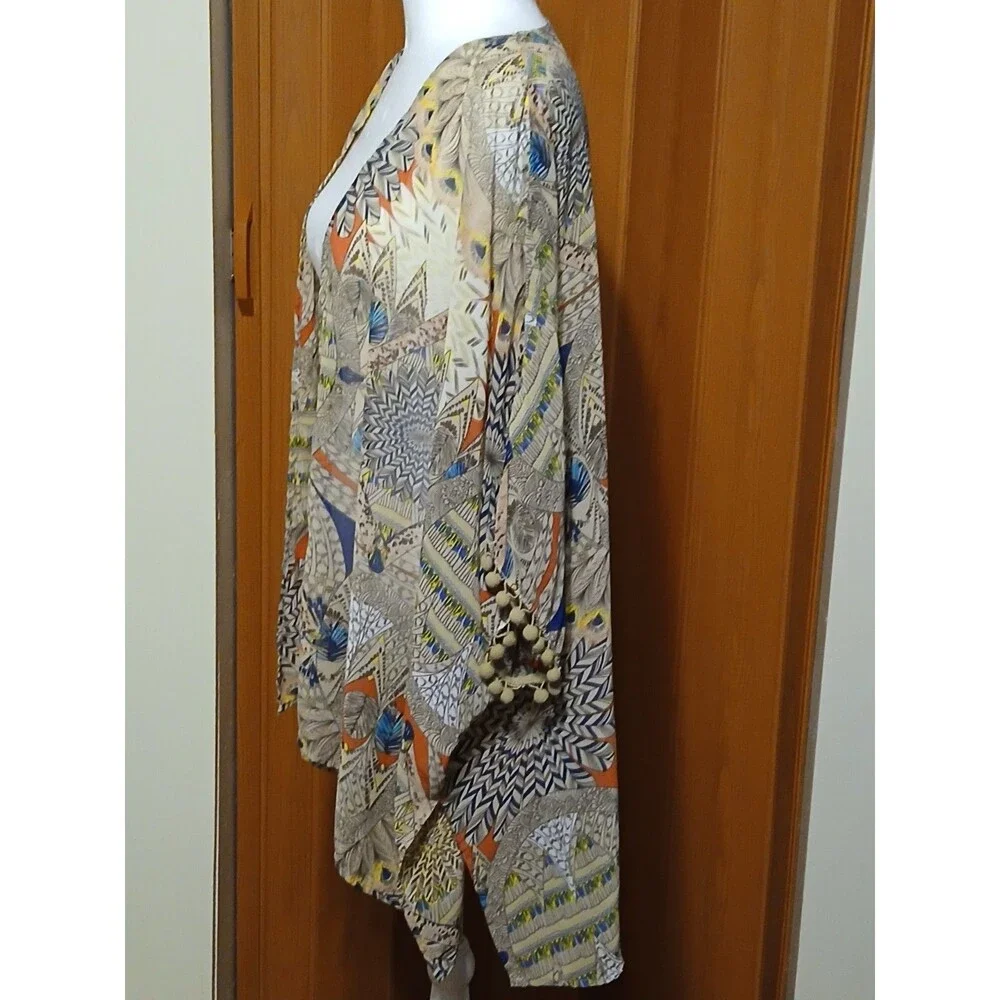 Umgee  Boho Feather Print Cover up with pompom sleeves S/M   NWOT - Picture 3 of 11
